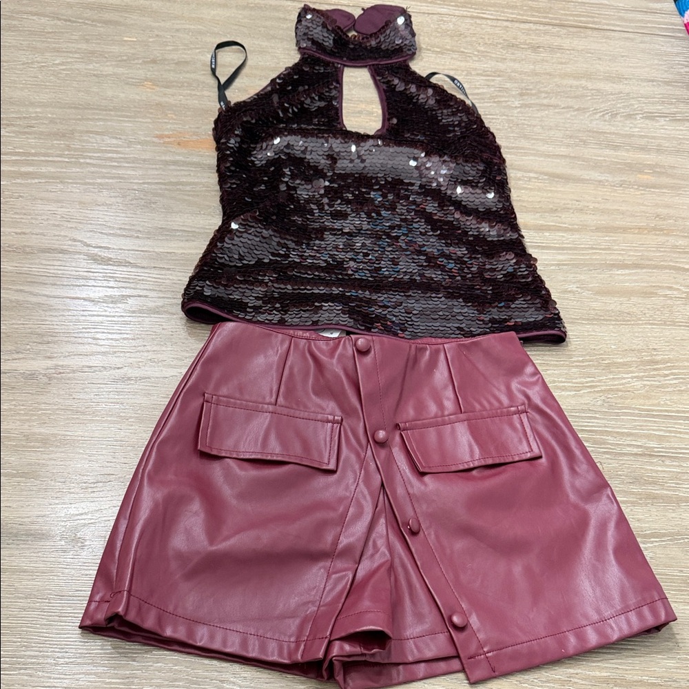 Guess by Marciano Black Sequin Halter Top with Burgundy Leather Shorts